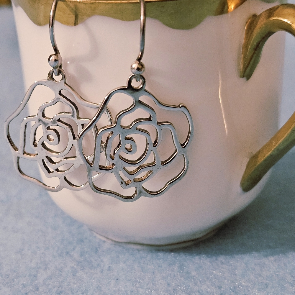 VTG 925 SS Cutout Openwork Filigree Rose Dangle Earrings French Earwire 4.4g